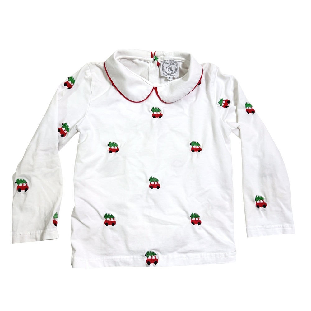 Bella Bean LS Shirt 5 White Christmas Tree Red Car Embroidered Peter Pan Collar